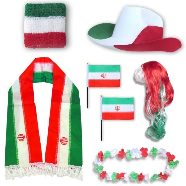 Sonia Originelli Fan-Paket "Iran" WM EM Fußball Schal Hawaiikette Hut Schweissband Fahne Perücke