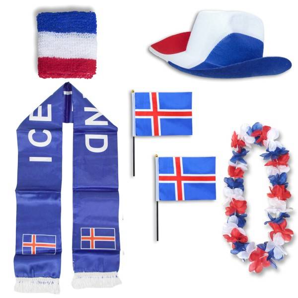 Sonia Originelli Fan-Paket "Island" Iceland WM EM Fußball Schal Hawaiikette Hut Schweissband Fahne Flagge