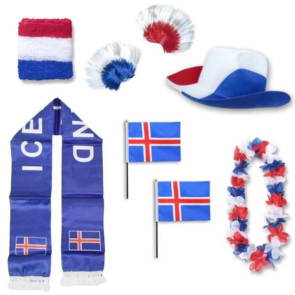 Sonia Originelli Fan-Paket "Island" Iceland WM EM Fußball Schal Hawaiikette Hut Schweissband Fahne Iro Perücke