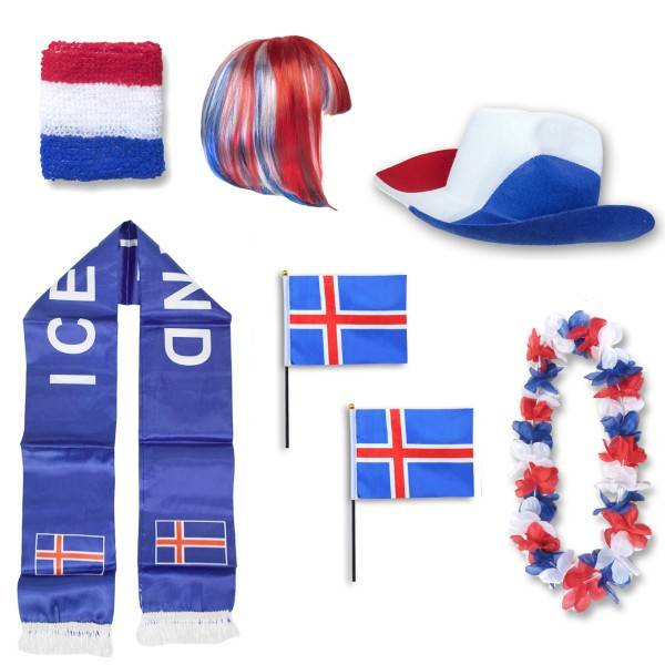 Sonia Originelli Fan-Paket "Island" Iceland WM EM Fußball Schal Hawaiikette Hut Schweissband Fahne Iro Perücke