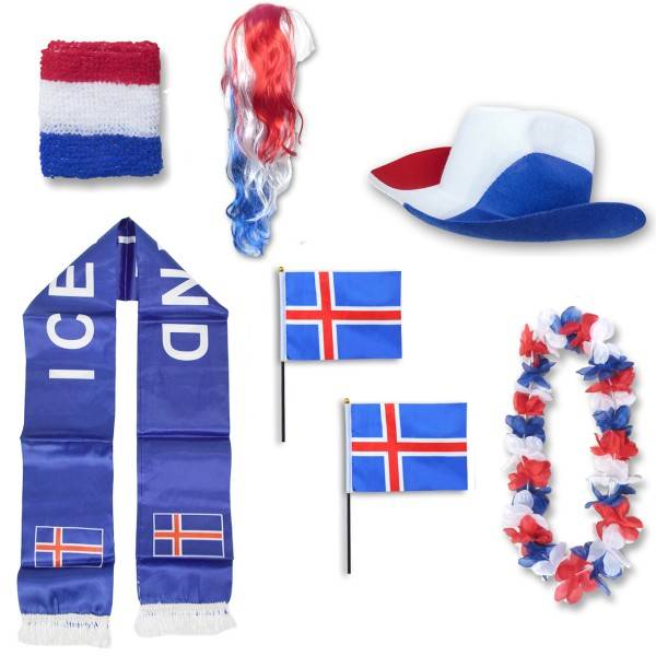 Sonia Originelli Fan-Paket "Island" Iceland WM EM Fußball Schal Hawaiikette Hut Schweissband Fahne Perücke