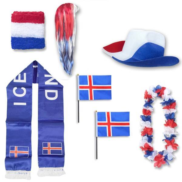Sonia Originelli Fan-Paket "Island" Iceland WM EM Fußball Schal Hawaiikette Hut Schweissband Fahne Perücke