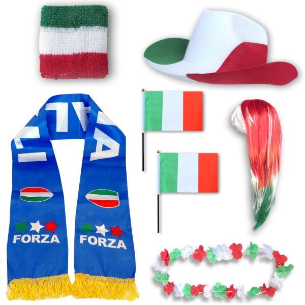 Sonia Originelli Fan-Paket "Italien" Italy Italia WM EM Fußball Schal Hawaiikette Hut Schweissband Fahne Perücke