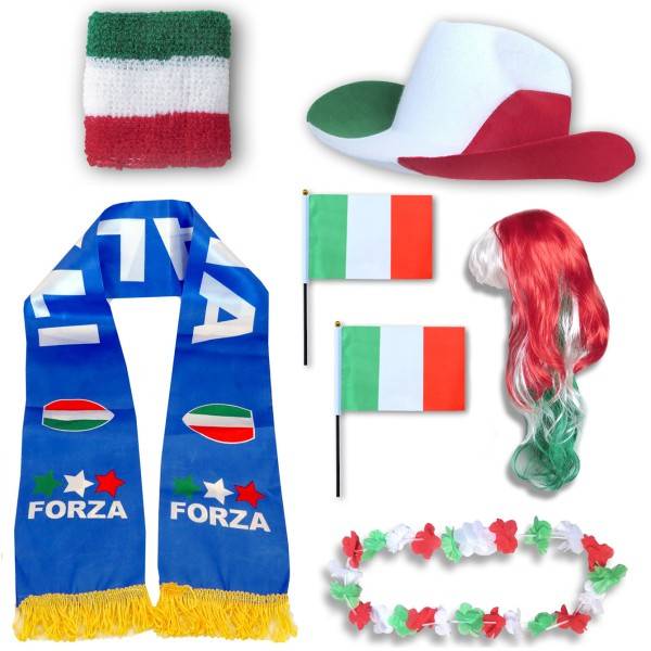Sonia Originelli Fan-Paket "Italien" Italy Italia WM EM Fußball Schal Hawaiikette Hut Schweissband Fahne Perücke