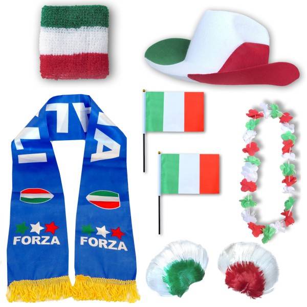 Sonia Originelli Fan-Paket "Italien" Italy Italia WM EM Fußball Schal Hawaiikette Hut Schweissband Fahne Perücke