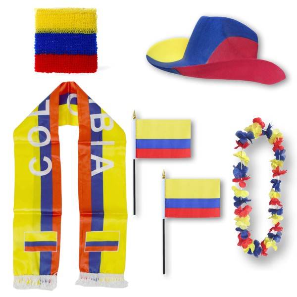 Sonia Originelli Fan-Paket "Kolumbien" Colombia WM EM Fußball Schal Hawaiikette Hut Schweissband Fahne Flagge