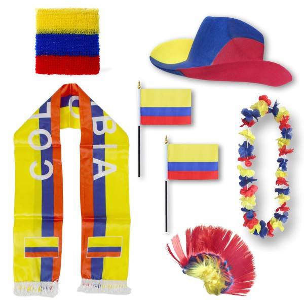 Sonia Originelli Fan-Paket "Kolumbien" Colombia WM EM Fußball Schal Hawaiikette Hut Schweissband Fahne Iro Perücke
