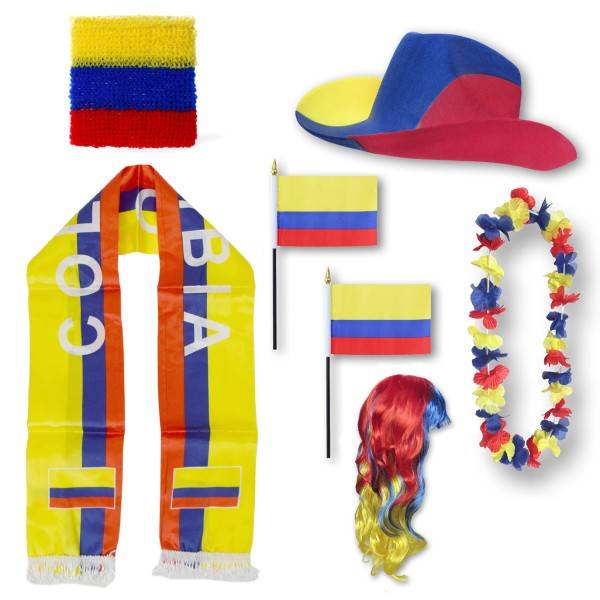 Sonia Originelli Fan-Paket "Kolumbien" Colombia WM EM Fußball Schal Hawaiikette Hut Schweissband Fahne Perücke