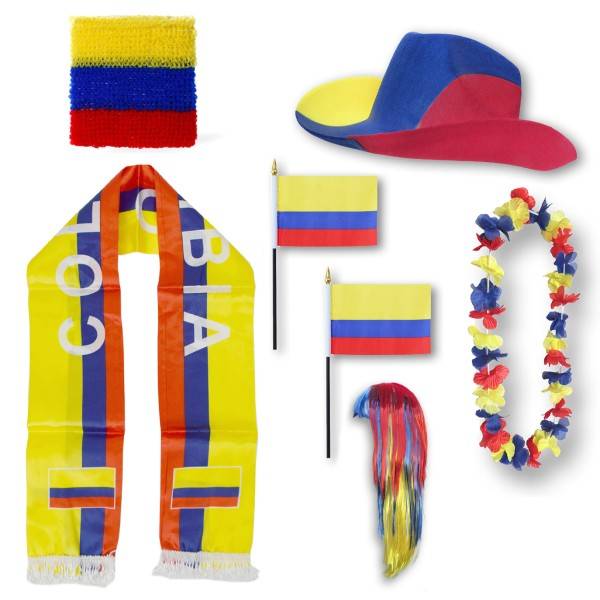 Sonia Originelli Fan-Paket "Kolumbien" Colombia WM EM Fußball Schal Hawaiikette Hut Schweissband Fahne Perücke