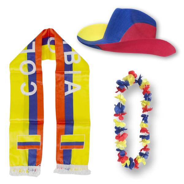 Sonia Originelli Fan-Paket "Kolumbien" Colombia WM EM Fußball Schal Hawaiikette Hut Fanartikel