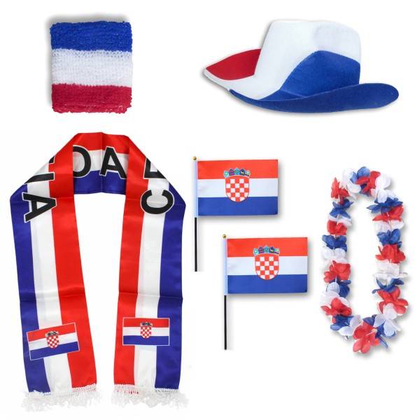 Sonia Originelli Fan-Paket "Kroatien" Croatia WM EM Fußball Schal Hawaiikette Hut Schweissband Fahne Flagge