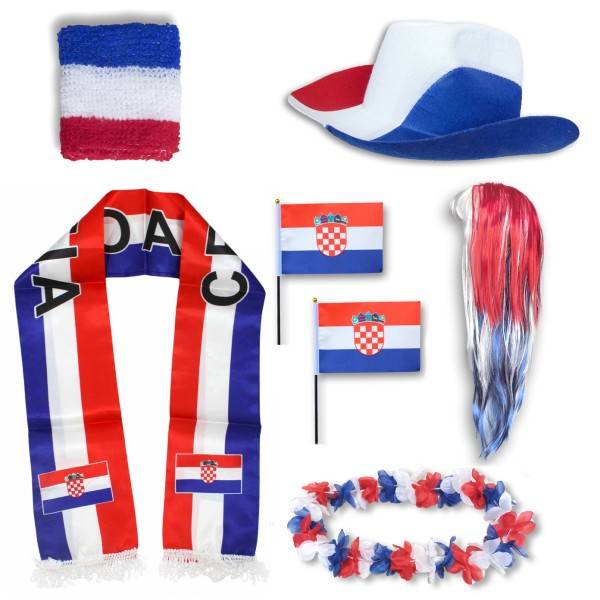 Sonia Originelli Fan-Paket "Kroatien" Croatia WM EM Fußball Schal Hawaiikette Hut Schweissband Fahne Perücke