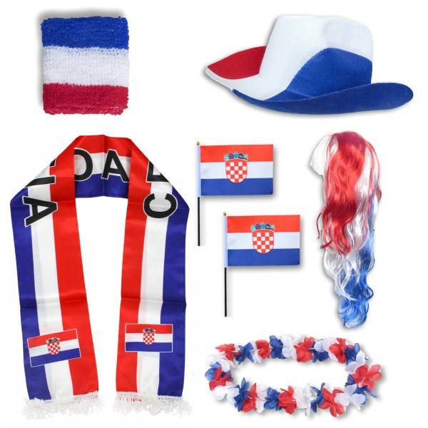 Sonia Originelli Fan-Paket "Kroatien" Croatia WM EM Fußball Schal Hawaiikette Hut Schweissband Fahne Perücke