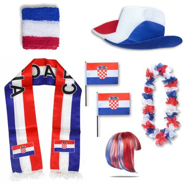 Sonia Originelli Fan-Paket "Kroatien" Croatia WM EM Fußball Schal Hawaiikette Hut Schweissband Fahne Perücke