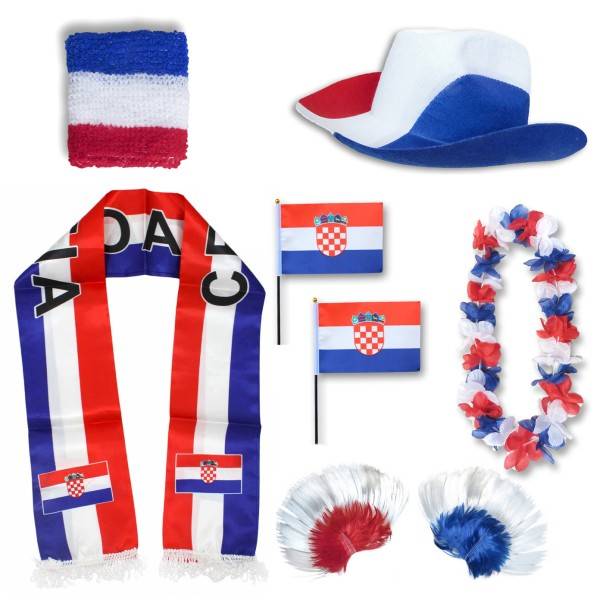 Sonia Originelli Fan-Paket "Kroatien" Croatia WM EM Fußball Schal Hawaiikette Hut Schweissband Fahne Perücke