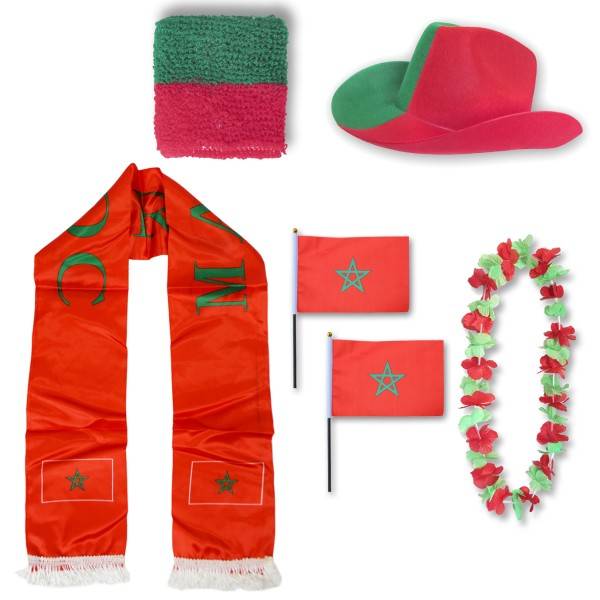 Sonia Originelli Fan-Paket "Marokko" Morocco WM EM Fußball Schal Hawaiikette Hut Schweissband Fahne Flagge