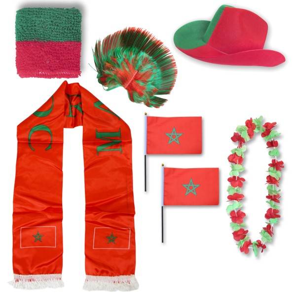 Sonia Originelli Fan-Paket "Marokko" Morocco WM EM Fußball Schal Hawaiikette Hut Schweissband Fahne Iro Perücke