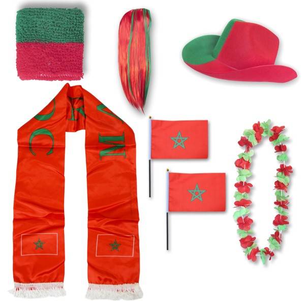 Sonia Originelli Fan-Paket "Marokko" Morocco WM EM Fußball Schal Hawaiikette Hut Schweissband Fahne Perücke