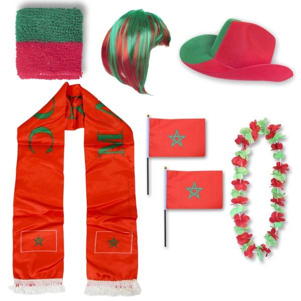 Sonia Originelli Fan-Paket "Marokko" Morocco WM EM Fußball Schal Hawaiikette Hut Schweissband Fahne Perücke