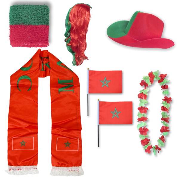 Sonia Originelli Fan-Paket "Marokko" Morocco WM EM Fußball Schal Hawaiikette Hut Schweissband Fahne Perücke