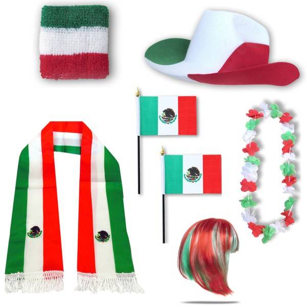 Sonia Originelli Fan-Paket "Mexiko" Mexico WM EM Fußball Schal Hawaiikette Hut Schweissband Fahne Perücke