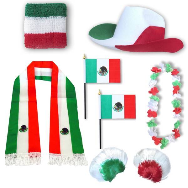 Sonia Originelli Fan-Paket "Mexiko" Mexico WM EM Fußball Schal Hawaiikette Hut Schweissband Fahne Iro Perücke
