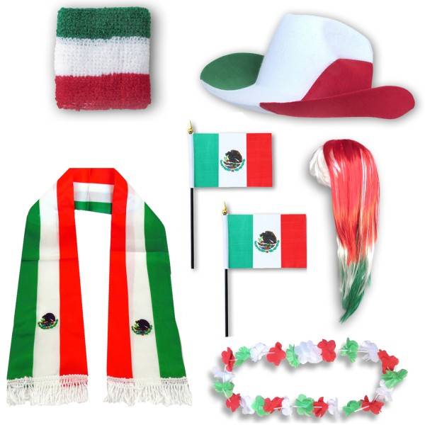 Sonia Originelli Fan-Paket "Mexiko" Mexico WM EM Fußball Schal Hawaiikette Hut Schweissband Fahne Perücke
