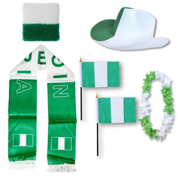 Sonia Originelli Fan-Paket "Nigerien" Nigeria WM EM Fußball Schal Hawaiikette Hut Schweissband Fahne Flagge