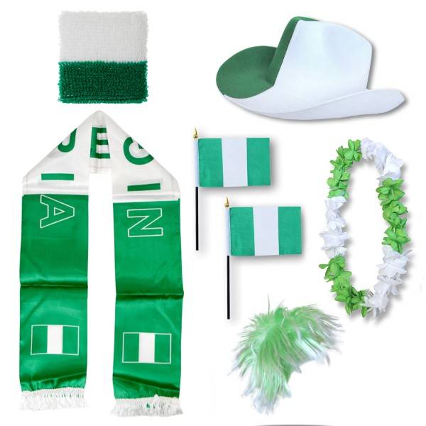 Sonia Originelli Fan-Paket "Nigerien" Nigeria WM EM Fußball Schal Hawaiikette Hut Schweissband Fahne Perücke