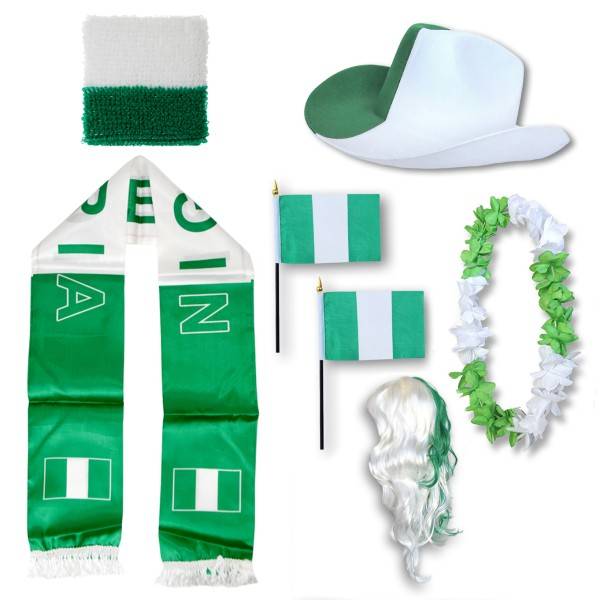 Sonia Originelli Fan-Paket "Nigerien" Nigeria WM EM Fußball Schal Hawaiikette Hut Schweissband Fahne Perücke