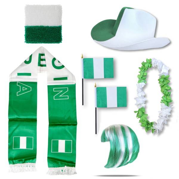 Sonia Originelli Fan-Paket "Nigerien" Nigeria WM EM Fußball Schal Hawaiikette Hut Schweissband Fahne Perücke