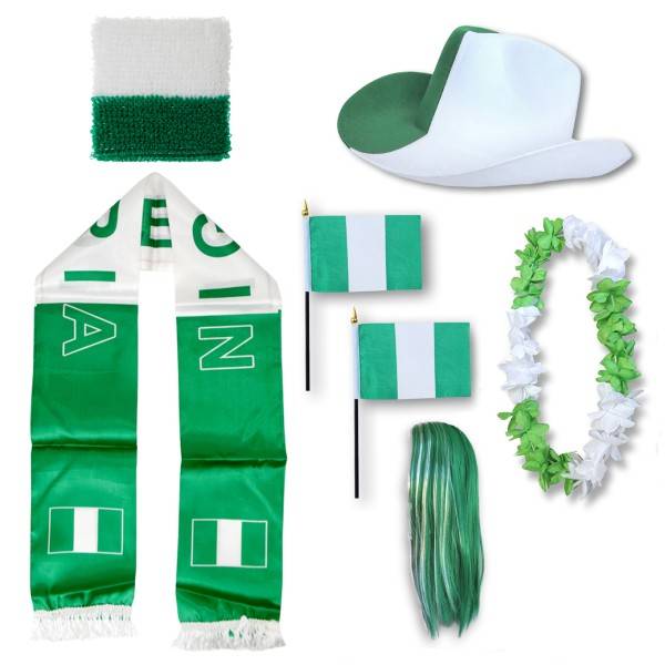 Sonia Originelli Fan-Paket "Nigerien" Nigeria WM EM Fußball Schal Hawaiikette Hut Schweissband Fahne Perücke