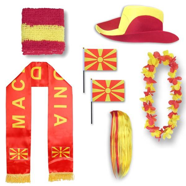 Sonia Originelli Fan-Paket "Nordmazedonien" North Macedonia WM EM Fußball Schal Hawaiikette Hut Schweissband Fahne