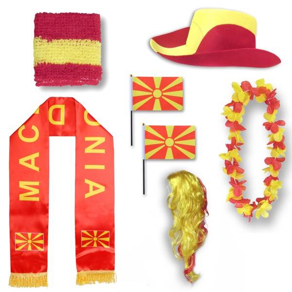 Sonia Originelli Fan-Paket "Nordmazedonien" North Macedonia WM EM Fußball Schal Hawaiikette Hut Schweissband Fahne