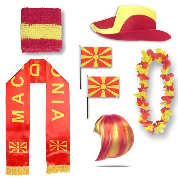 Sonia Originelli Fan-Paket "Nordmazedonien" North Macedonia WM EM Fußball Schal Hawaiikette Hut Schweissband Fahne