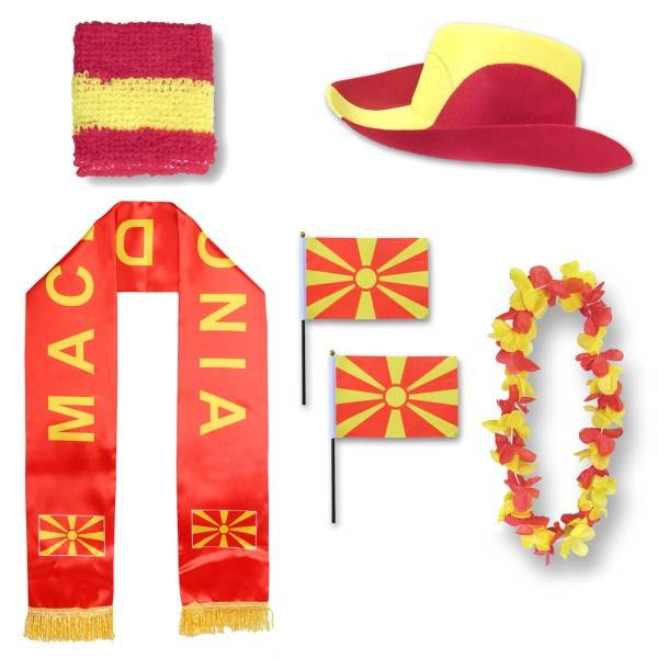 Sonia Originelli Fan-Paket "Nordmazedonien" North Macedonia WM EM Fußball Schal Hawaiikette Hut Schweissband Fahne Fl