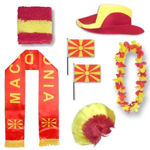 Sonia Originelli Fan-Paket "Nordmazedonien" North Macedonia WM EM Fußball Schal Hawaiikette Hut Schweissband Fahne Pe
