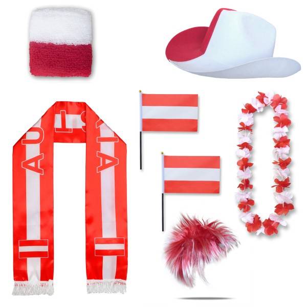 Sonia Originelli Fan-Paket "Österreich" Austria WM EM Fußball Schal Hawaiikette Hut Schweissband Fahne Perücke