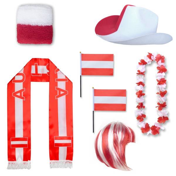 Sonia Originelli Fan-Paket "Österreich" Austria WM EM Fußball Schal Hawaiikette Hut Schweissband Fahne Perücke