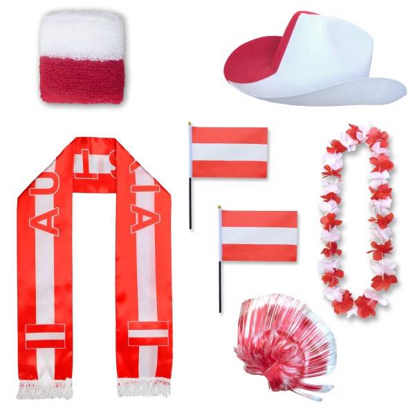 Sonia Originelli Fan-Paket "Österreich" Austria WM EM Fußball Schal Hawaiikette Hut Schweissband Fahne Perücke