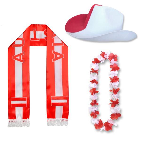 Sonia Originelli Fan-Paket "Österreich" Austria WM EM Fußball Schal Hawaiikette Hut Fanartikel
