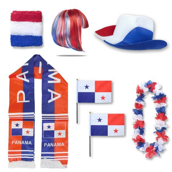 Sonia Originelli Fan-Paket "Panama" WM EM Fußball Schal Hawaiikette Hut Schweissband Fahne Perücke
