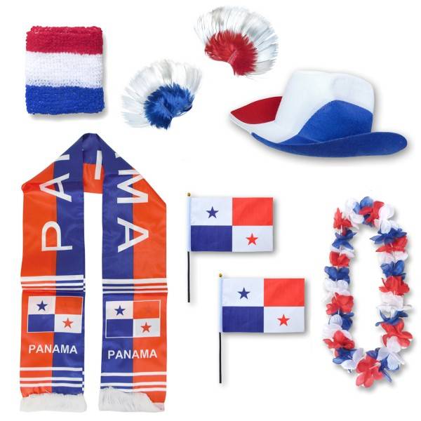 Sonia Originelli Fan-Paket "Panama" WM EM Fußball Schal Hawaiikette Hut Schweissband Fahne Perücke