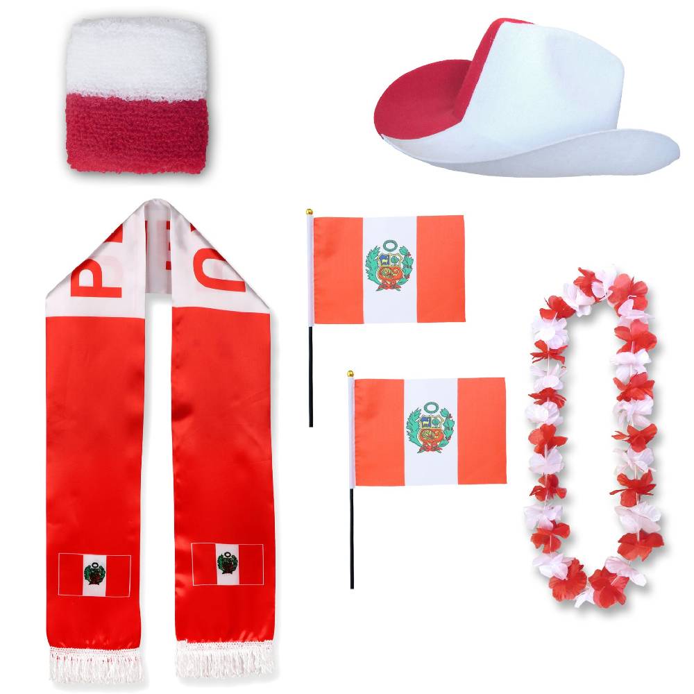 Sonia Originelli Fan-Paket "Peru" WM EM Fußball Schal Hawaiikette Hut Schweissband Fahne Flagge Kopie