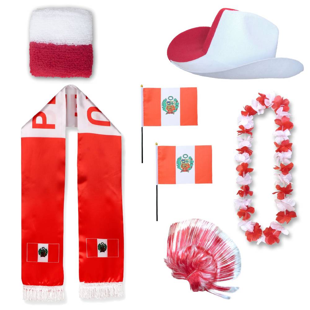 Sonia Originelli Fan-Paket "Peru" WM EM Fußball Schal Hawaiikette Hut Schweissband Fahne Iro Perücke