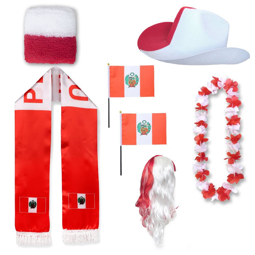 Sonia Originelli Fan-Paket "Peru" WM EM Fußball Schal Hawaiikette Hut Schweissband Fahne Perücke