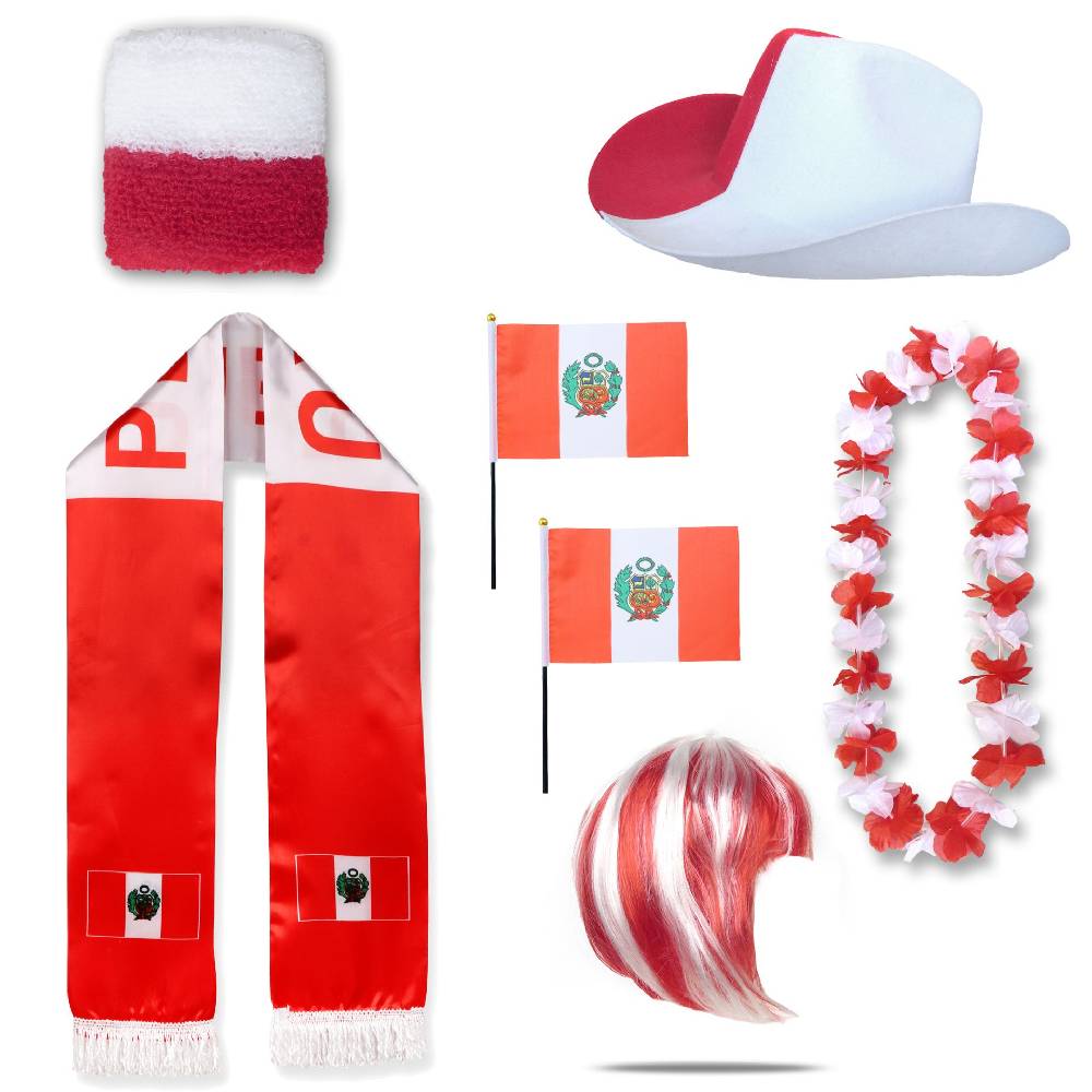 Sonia Originelli Fan-Paket "Peru" WM EM Fußball Schal Hawaiikette Hut Schweissband Fahne Perücke