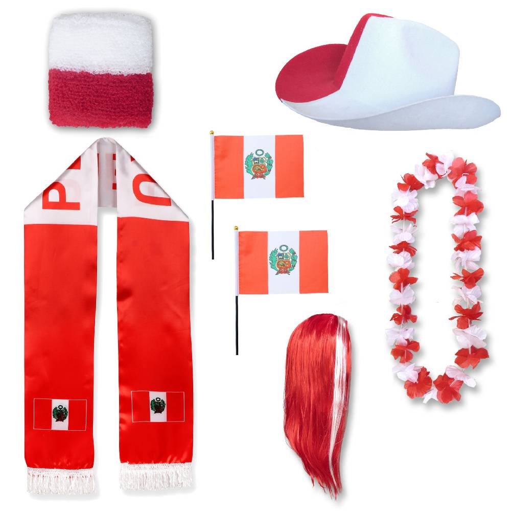Sonia Originelli Fan-Paket "Peru" WM EM Fußball Schal Hawaiikette Hut Schweissband Fahne Perücke