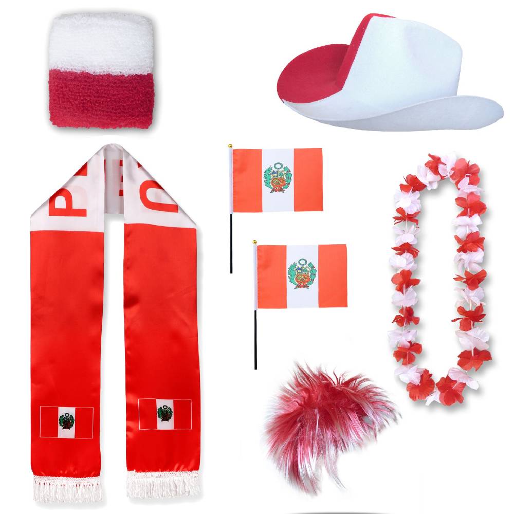 Sonia Originelli Fan-Paket "Peru" WM EM Fußball Schal Hawaiikette Hut Schweissband Fahne Perücke