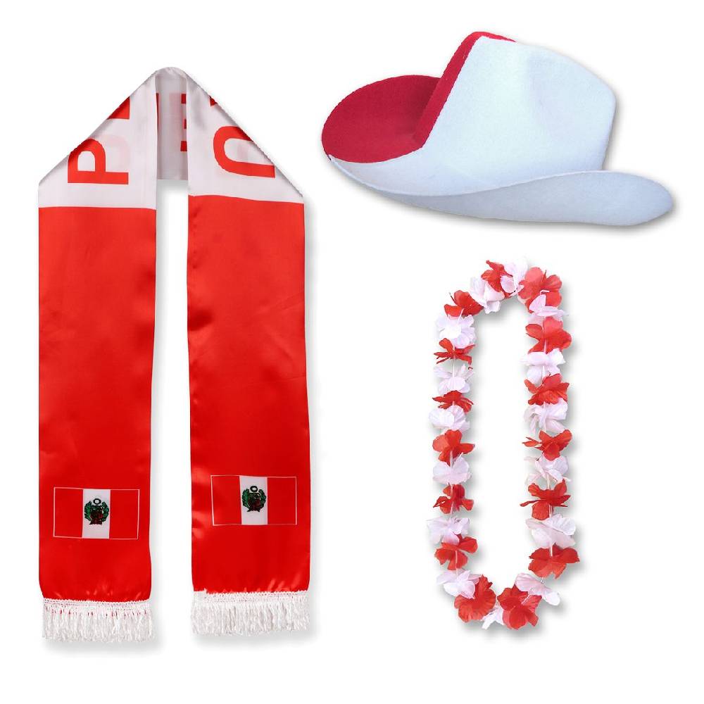Sonia Originelli Fan-Paket "Peru" WM EM Fußball Schal Hawaiikette Hut Fanartikel